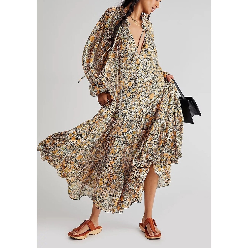 Free People Feeling Groovy Maxi Dress Yellow Floral Sheer Tiered LS Size Medium - Picture 16 of 16